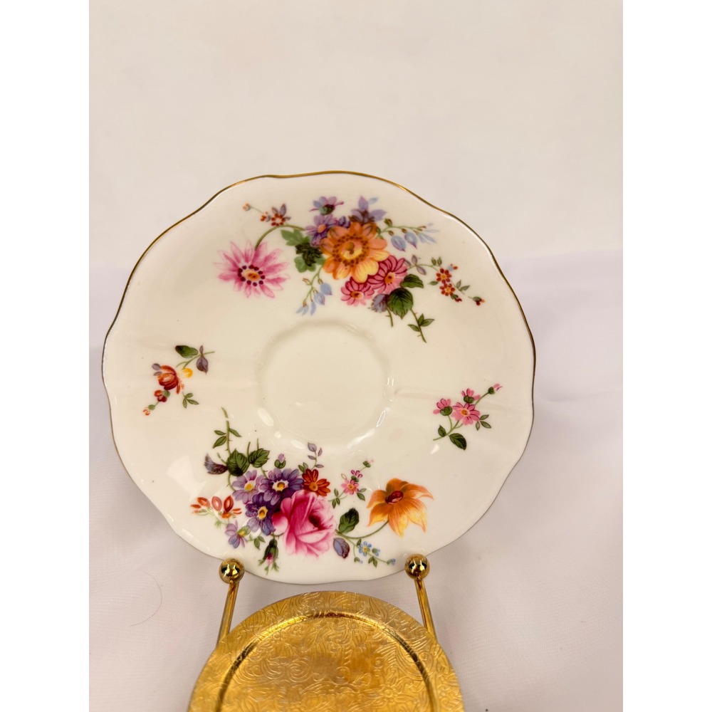 Royal Crown Derby Floral Bone China Saucer Scalloped Gold Trim Made in England